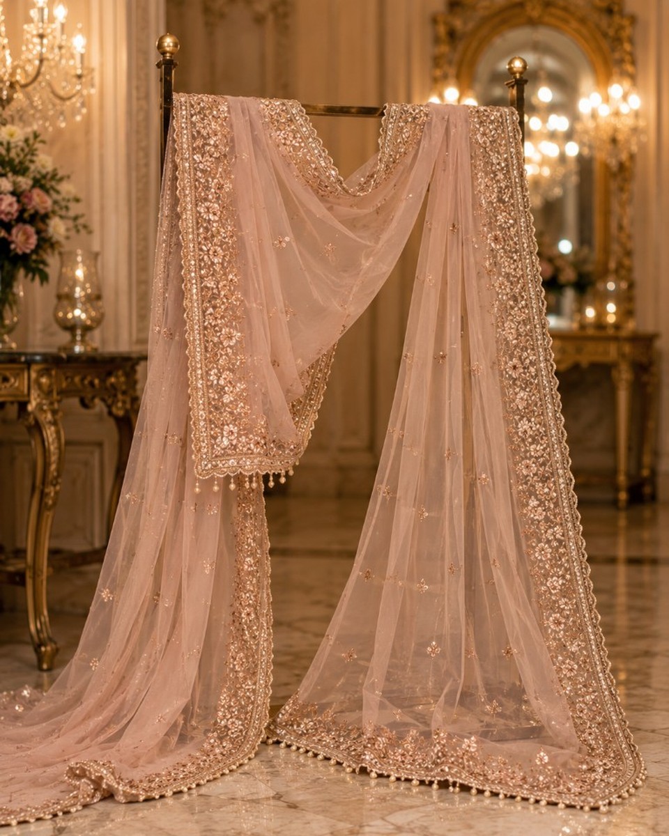 Blush net dupatta with gold embroidery