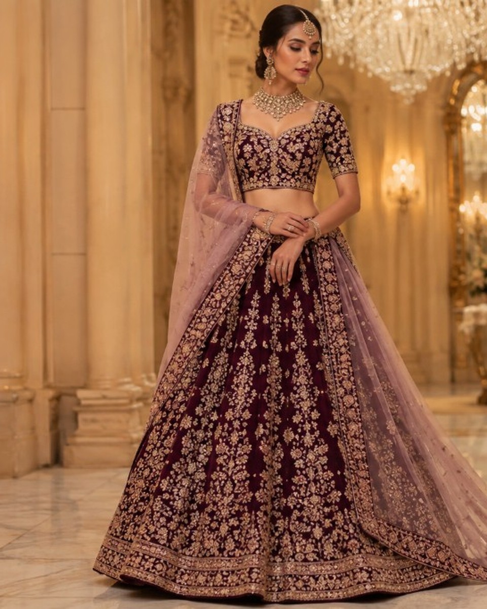 Bridal maroon lehenga with gold embroidery