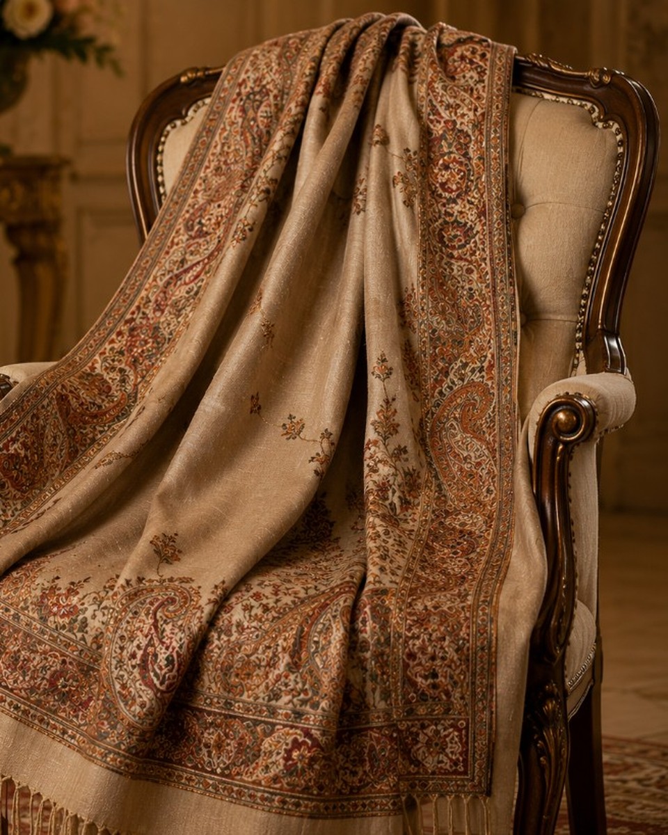 Embroidered beige pashmina shawl
