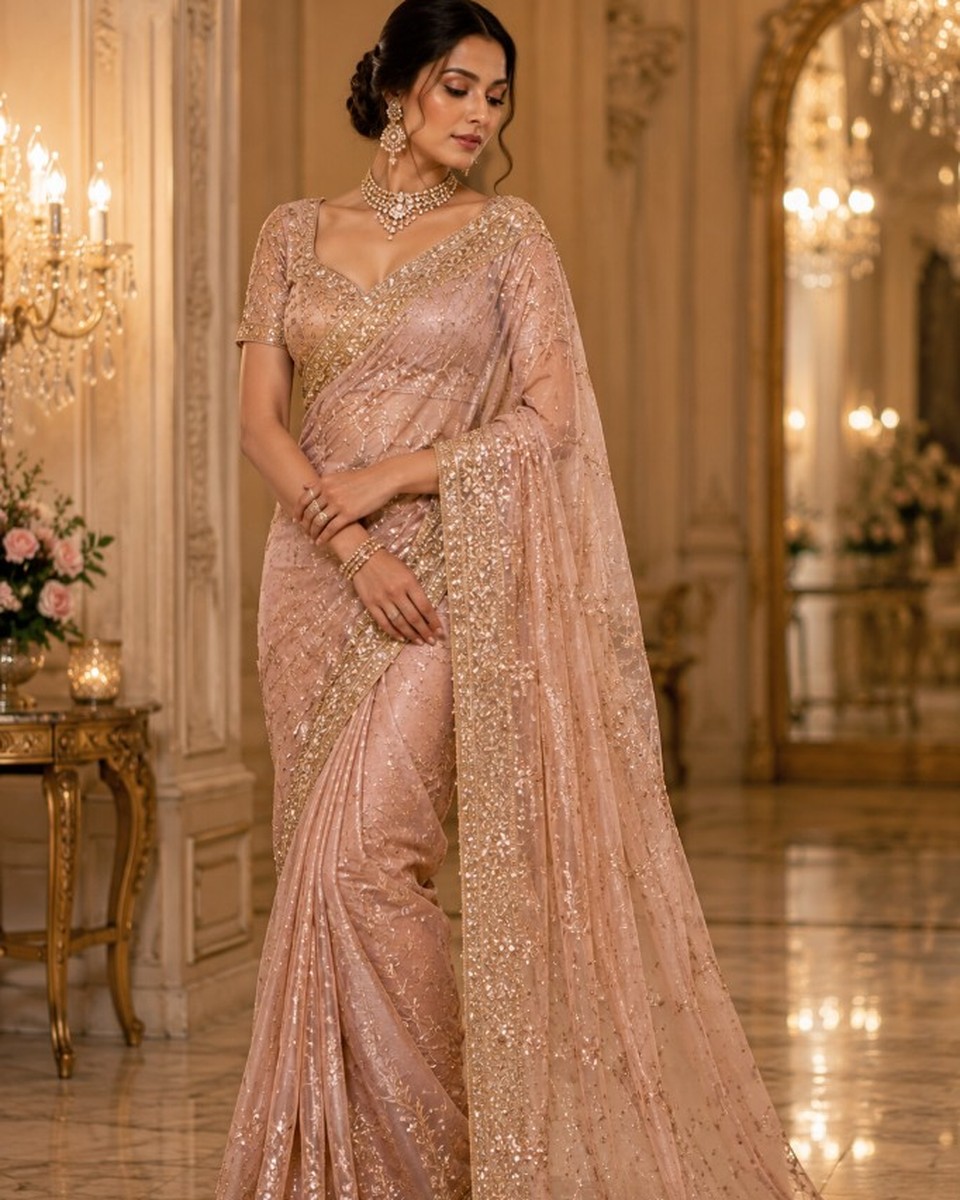 Blush-pink embroidered silk saree